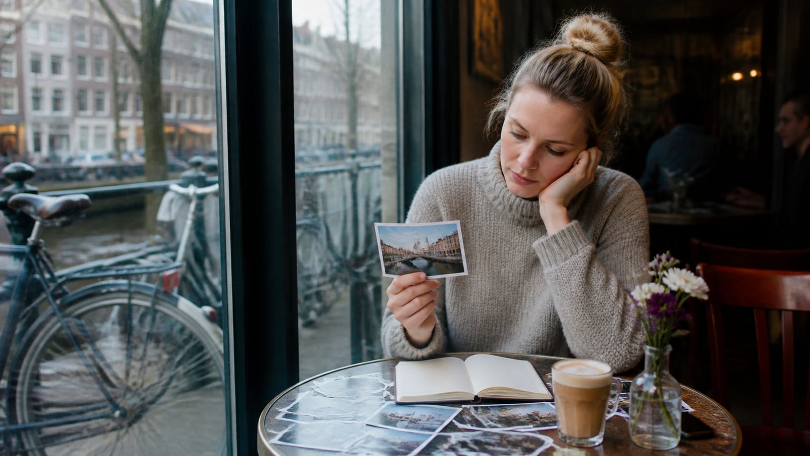 Reiziger bekijkt herinneringen aan een korte reis aan een cafetafel