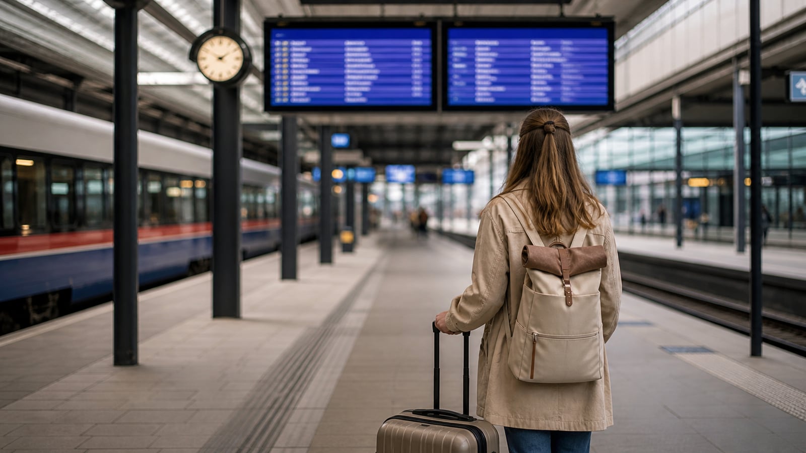 Reiziger met een kleine koffer op een modern Europees station