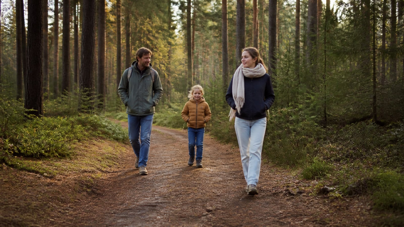 Volwassenen en een kind wandelen samen op een bospaadje