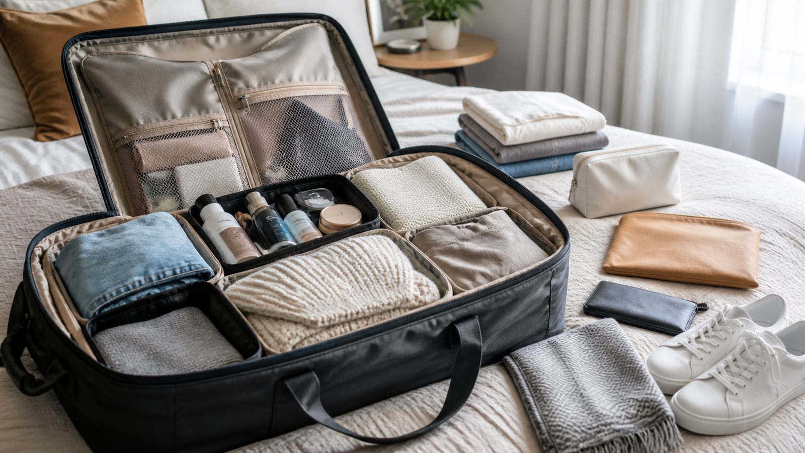 Open weekendtas met kleding en benodigdheden logisch gerangschikt