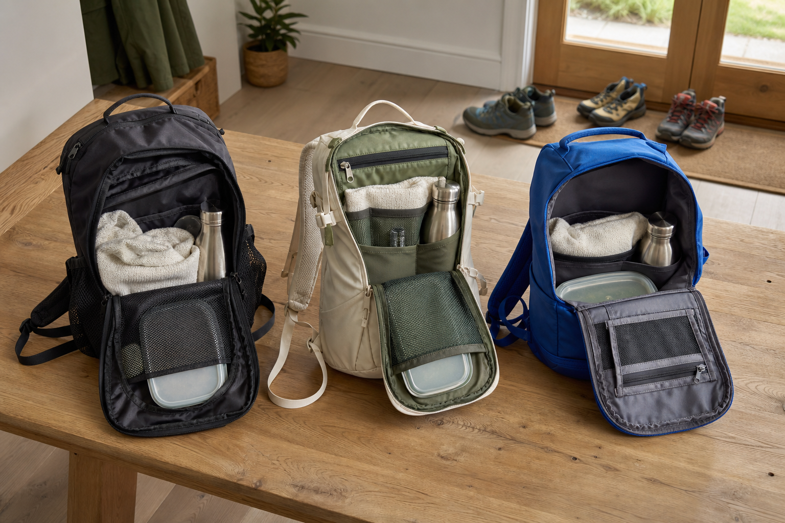 Drie geopende dagrugzakken met lunch, kleding en drinkflessen