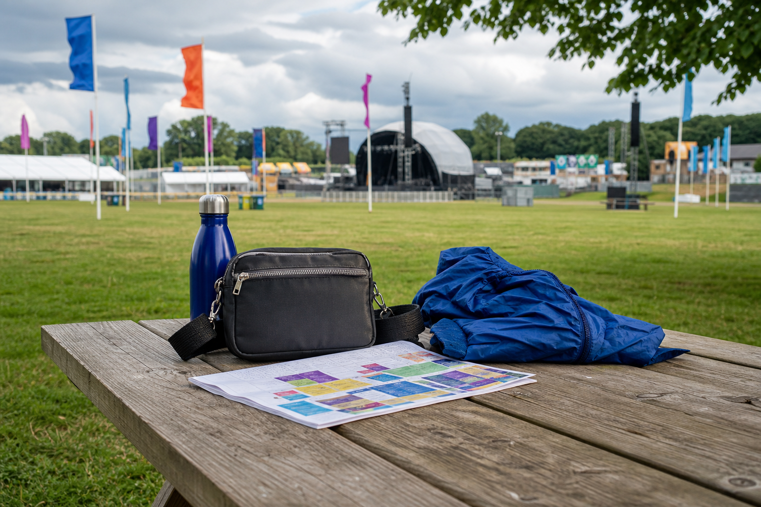 Regenjas, tas en drinkfles op een picknicktafel bij een festivalterrein