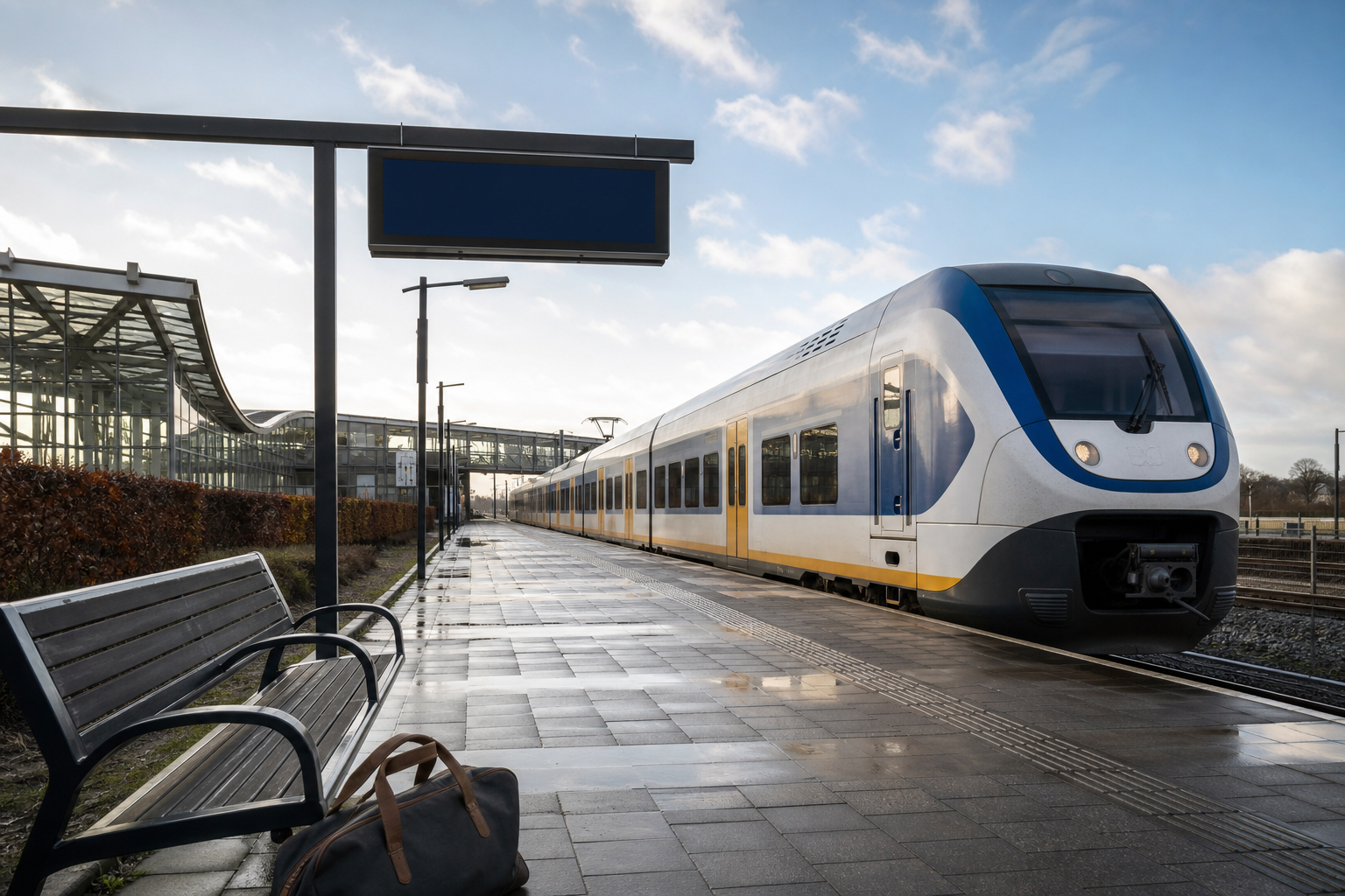 Reiziger met notitieboek bij een rustig perron en een lichte tas