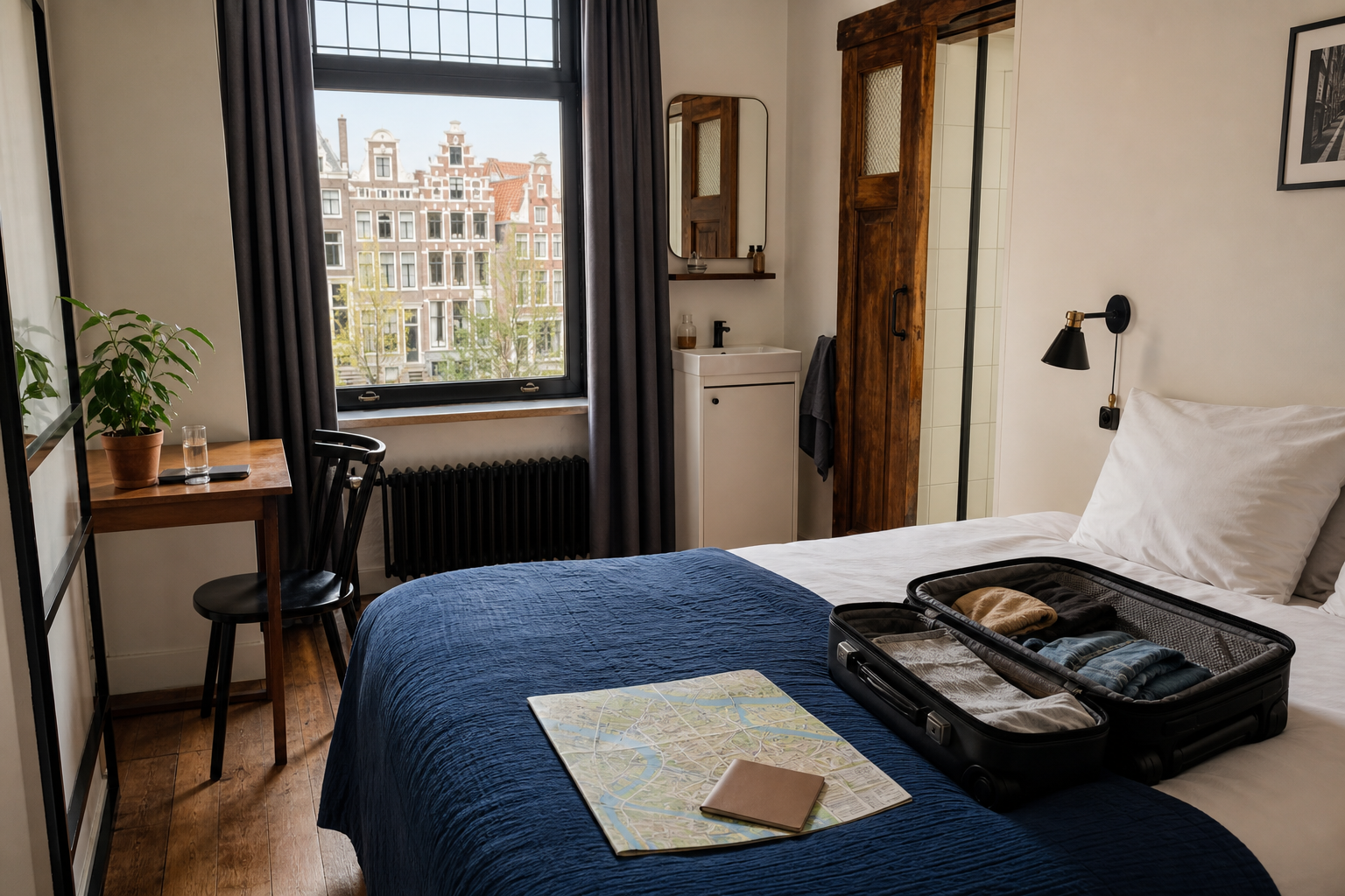 Compacte stadskamer met bed, open koffer en uitzicht op oude gevels