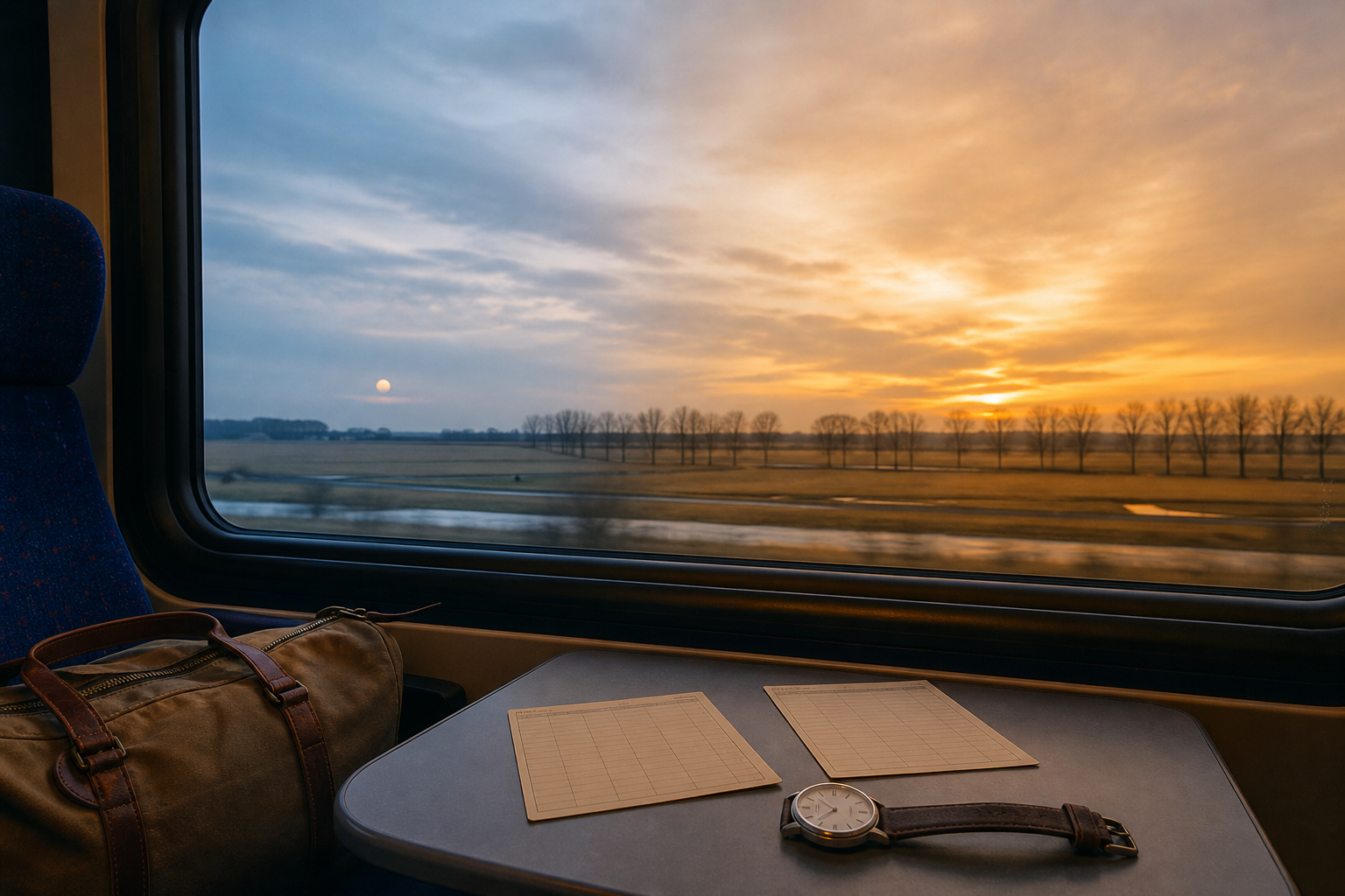 Treinraam met ochtend- en avondlicht naast twee tijdkaarten, een horloge en reistas